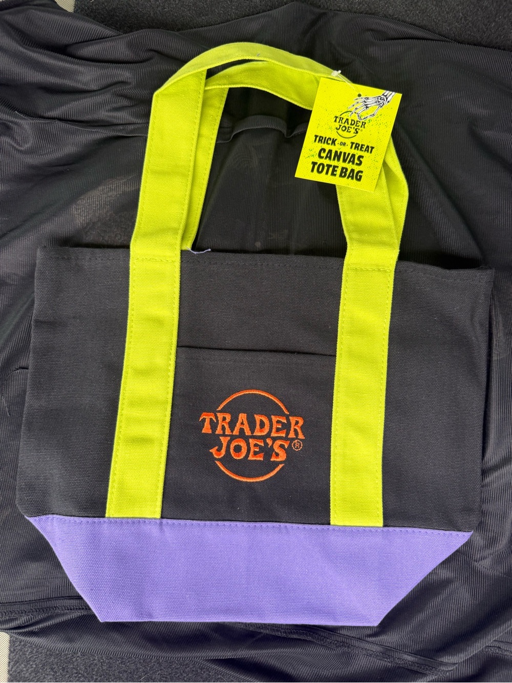 2026 Trader Joe’s Trick or Treat Canvas Tote Green Purple Black Halloween NWT